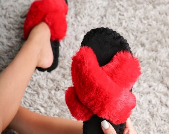 Criss-Cross Kunstpelz Hausschuhe - Plüsch Folien, umweltfreundliche Schuhe