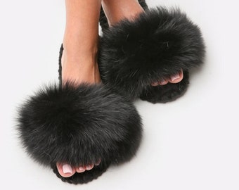 Pantuflas de novia de piel de zorro negra: sandalias de dama de honor de lujo