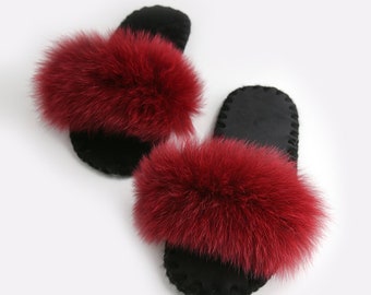 Red Bride Wedding Slippers – Bordeaux Fuzzy Bridal Party Shoes, Home Slippers, Anniversary Gift for Girlfriend, Wife, Mom, or Her