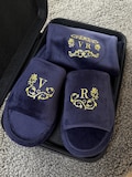 Personalized Open-Toe Blue Velvet Slippers, Custom Initials Print, Soft Memory Foam Home Shoes product logo