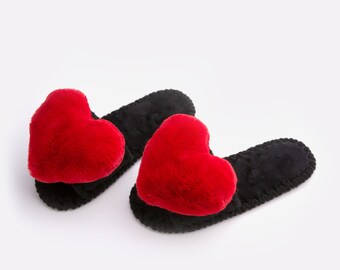 Red Heart Slippers, Women House Slippers, Eco Fur Sensual Slippers Bridal Party Flip Flops For Her Сomfort colors