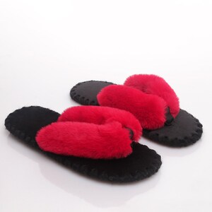 Red Fuzzy Slippers For Women, Cozy Flip Flop Toe Slippers, Plush Comfortable Lounging, Handmade Short Faux Fur Slippers, Sleepover Favor