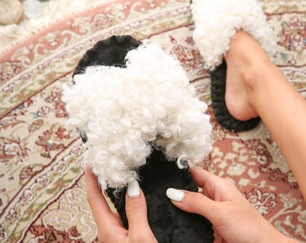 Fluffy Slippers. Christmas, New Year, Birthday, Anniversary, Mother&#39;s or Valentine&#39;s Day gift. Eco fur criss-cross slippers. Bridesmaid gift