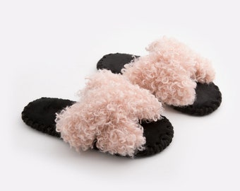 Pink Eco Fur Slippers Women's House Slippers Sheepskin Criss Cross Slides Perfect Holidays Gift for Her