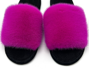 Vrouwen Real Mink Fur Slides voor Bruidsmeisje Luxe Mode Platte Zwarte en Rode Schoenen Cadeau voor bruid Bachelorette Bruidsfeest handgemaakt cadeau