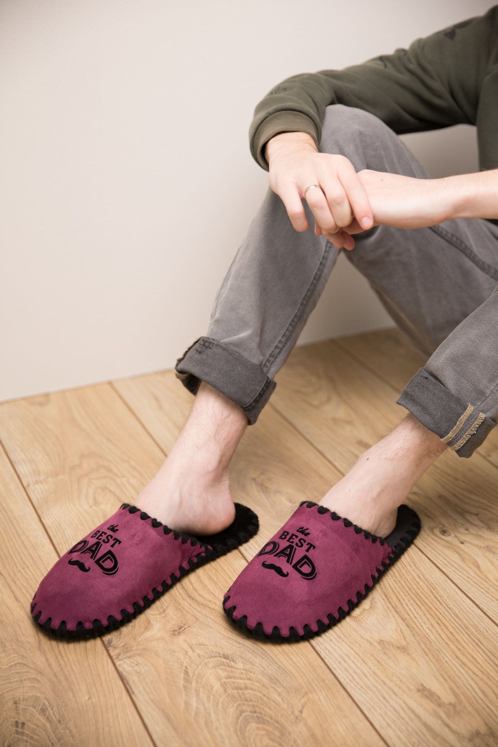 Men's purple footwear - Personalized Slippers for Dad: Plum Eco-Suede Felt Sole Papa Shoes