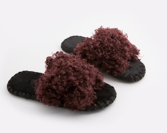 Burgundy Eco Fur Slippers Women's House Slippers Sheepskin Criss Cross Slides Perfect Holidays Gift for Her