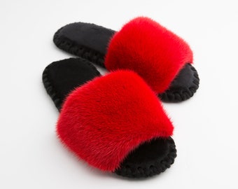 Luxury Real Mink Fur Slides for Women – Handmade Black & Red Flat Shoes, Bridesmaid Gift, Bride Gift, Bachelorette Party Slippers