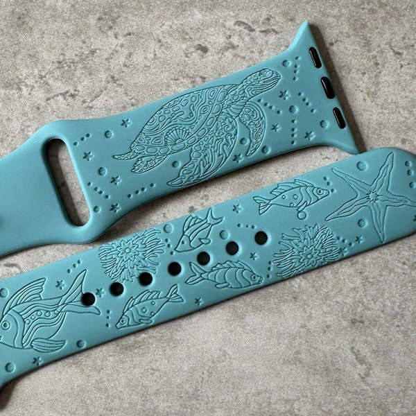 Apple Watch Silicone Sports Band / Strap - Custom Engraved Sea Turtle / Ocean Fish Design - 38mm/40mm/41mm/42mm/44mm/45mm - 51 Colours