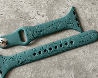 Engraved White Sharks Design for Apple Watch - Slim Silicone Sports Band / Strap - 37 Colours