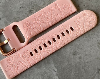 20mm Silicone Watch Band / Strap - Engraved Wildflowers Design - Samsung Galaxy / Huawei / Garmin - 23 Colours