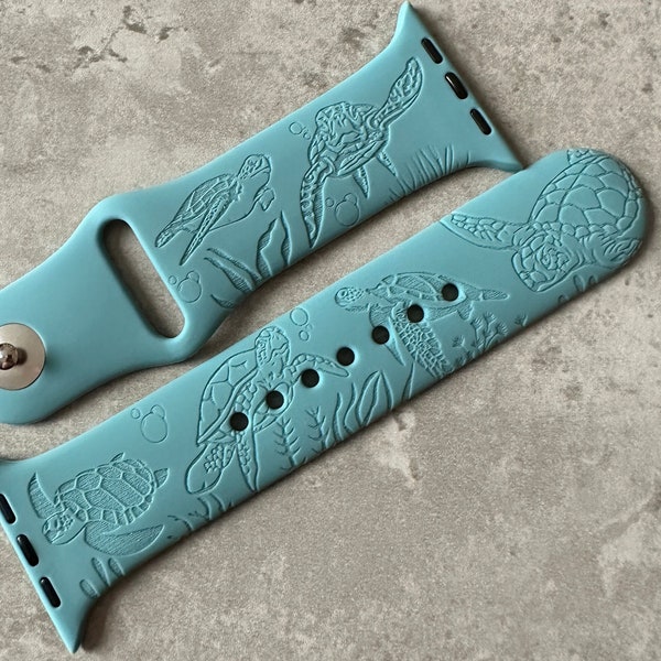 Apple Watch Silicone Sports Band / Strap - Engraved Sea Turtle Design - 38mm/40mm/41mm/42mm/44mm/45mm - 51 Colours