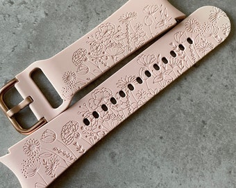 Engraved Wildflowers Design for Samsung Galaxy Watch 4 / 5 / 6 / 7 / FE Silicone Band / Strap - 40mm/42mm/44mm/45mm/46mm - 30 Colours
