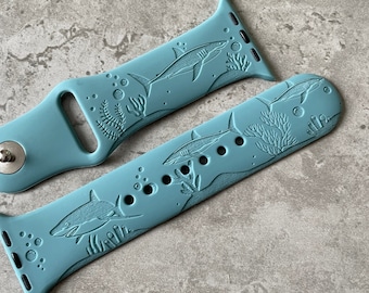Apple Watch Silicone Sports Band / Strap - Custom Engraved Ocean Sharks Design - 38mm/40mm/41mm/42mm/44mm/45mm/46mm/49mm - 51 Colours