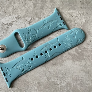 Apple Watch Silicone Sports Band / Strap - Custom Engraved Ocean Sharks Design - 38mm/40mm/41mm/42mm/44mm/45mm/46mm/49mm - 51 Colours