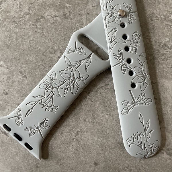 Apple Watch Silicone Sports Band / Strap - Custom Engraved Henna Lilies and Dragonflies Design - 38mm/40mm/41mm/42mm/44mm/45mm - 36 Colours