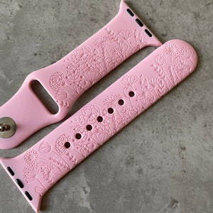 Apple Watch Silicone Sports Band / Strap - Engraved Wildflowers Design - 38mm/40mm/41mm/42mm/44mm/45mm/46mm/49mm - 51 Colours