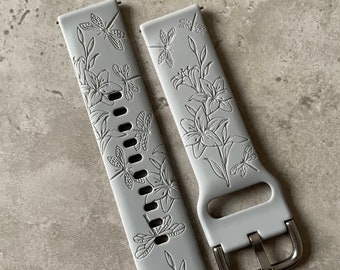 20mm Silicone Watch Band / Strap - Custom Engraved Dragonflies and Lilies Design - Samsung Galaxy / Huawei / Garmin - 23 Colours