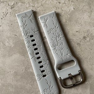 20mm Silicone Watch Band / Strap - Custom Engraved Dragonflies and Lilies Design - Samsung Galaxy / Huawei / Garmin - 23 Colours