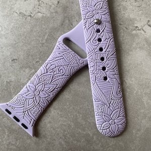 Apple Watch Silicone Sports Band / Strap - Engraved Henna Flowers Leaf Print Design - 38mm/40mm/41mm/42mm/44mm/45mm/46mm/49mm - 51 Colours