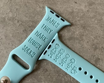 Apple Watch Silicone Sports Band / Strap - Engraved Stick Figure Family Design - 38mm/40mm/41mm/42mm/44mm/45mm/46mm/49mm - 51 Colours