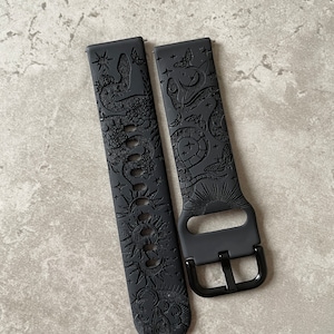 20mm Silicone Watch Band / Strap - Custom Engraved Snake Stars Flowers Design - Samsung Galaxy / Huawei / Garmin - 23 Colours