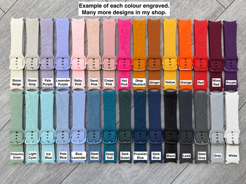 May include: A collection of engraved watch bands in various colors, including beige, grey, purple, pink, and blue. Each band has a unique design and buckle. Text on the image reads "Example of each colour engraved. Many more designs in my shop."