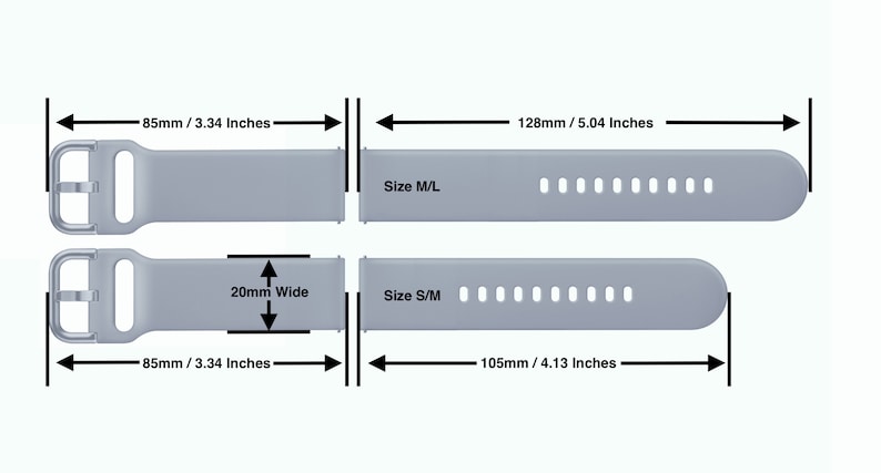 May include: Two sizes of a gray silicone watch band with a buckle closure. The band is 20mm wide and has multiple holes for adjusting the fit. The larger size is 128mm long and the smaller size is 105mm long. The text "Size M/L" and "Size S/M" are printed on the bands.