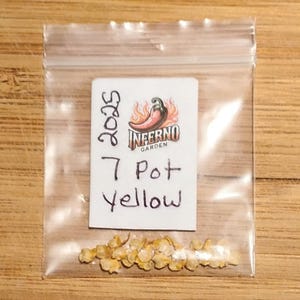 Puede incluir: Una bolsa de plástico transparente que contiene semillas amarillas y una etiqueta blanca. La etiqueta presenta el texto "Inferno Garden" y "7 Pot Yellow" con un gráfico de chile. La bolsa está sobre una superficie de madera.