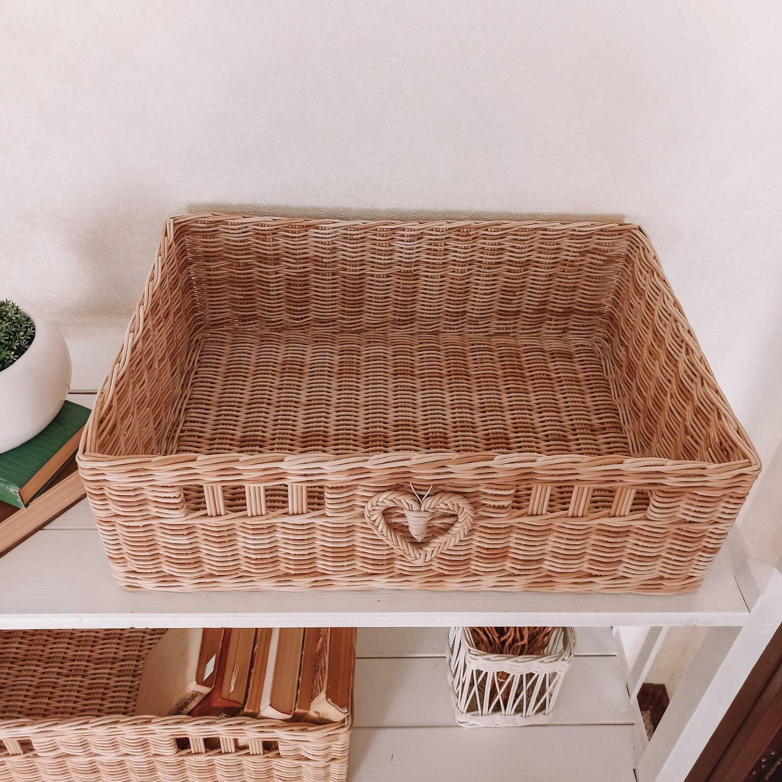 Custom rectangular wicker basket for organizing storage in the Etsy