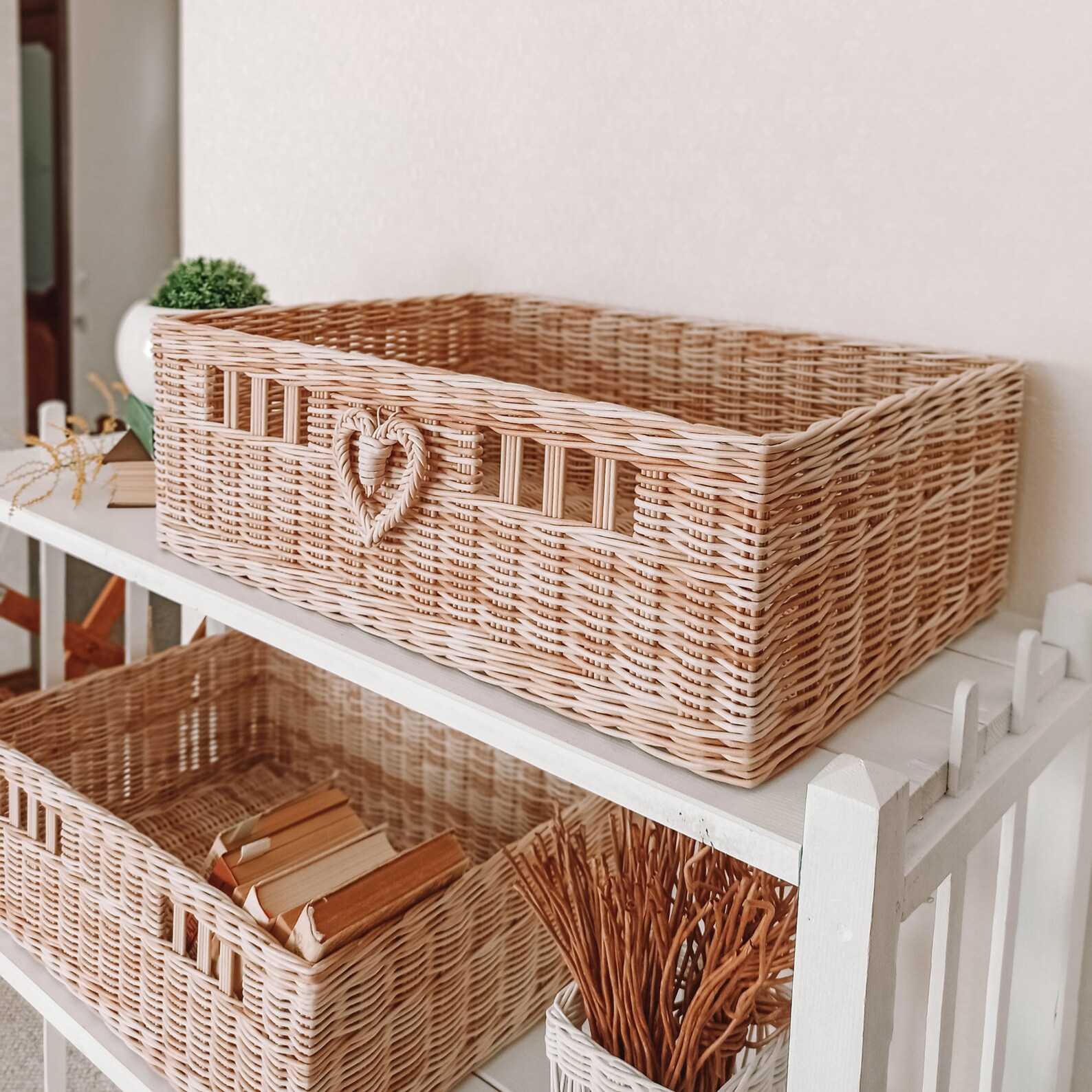 Custom rectangular wicker basket for organizing storage in the Etsy