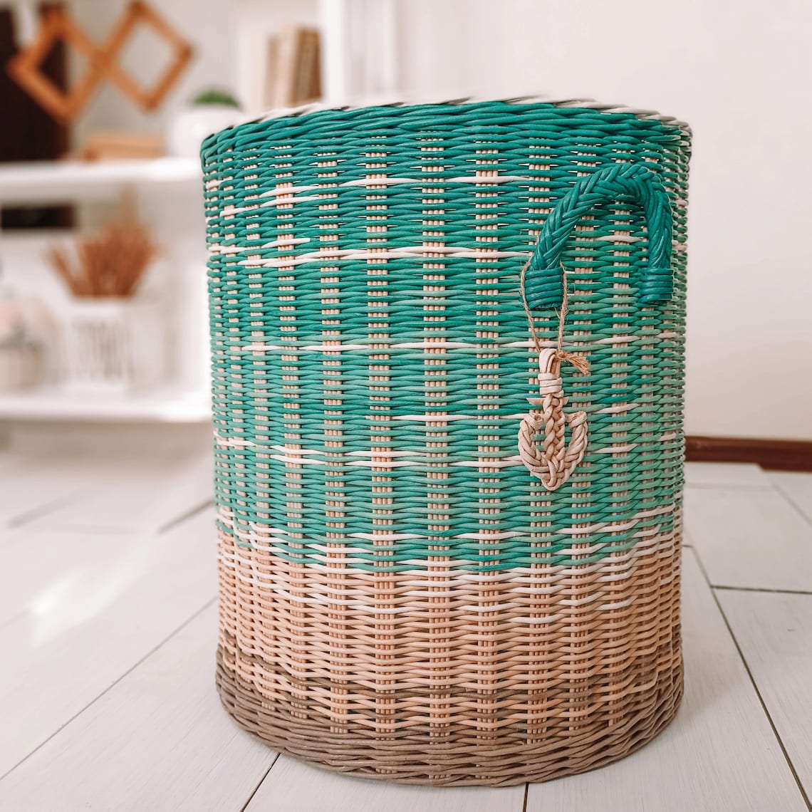 Round large wicker basket with handles for laundry marine Etsy
