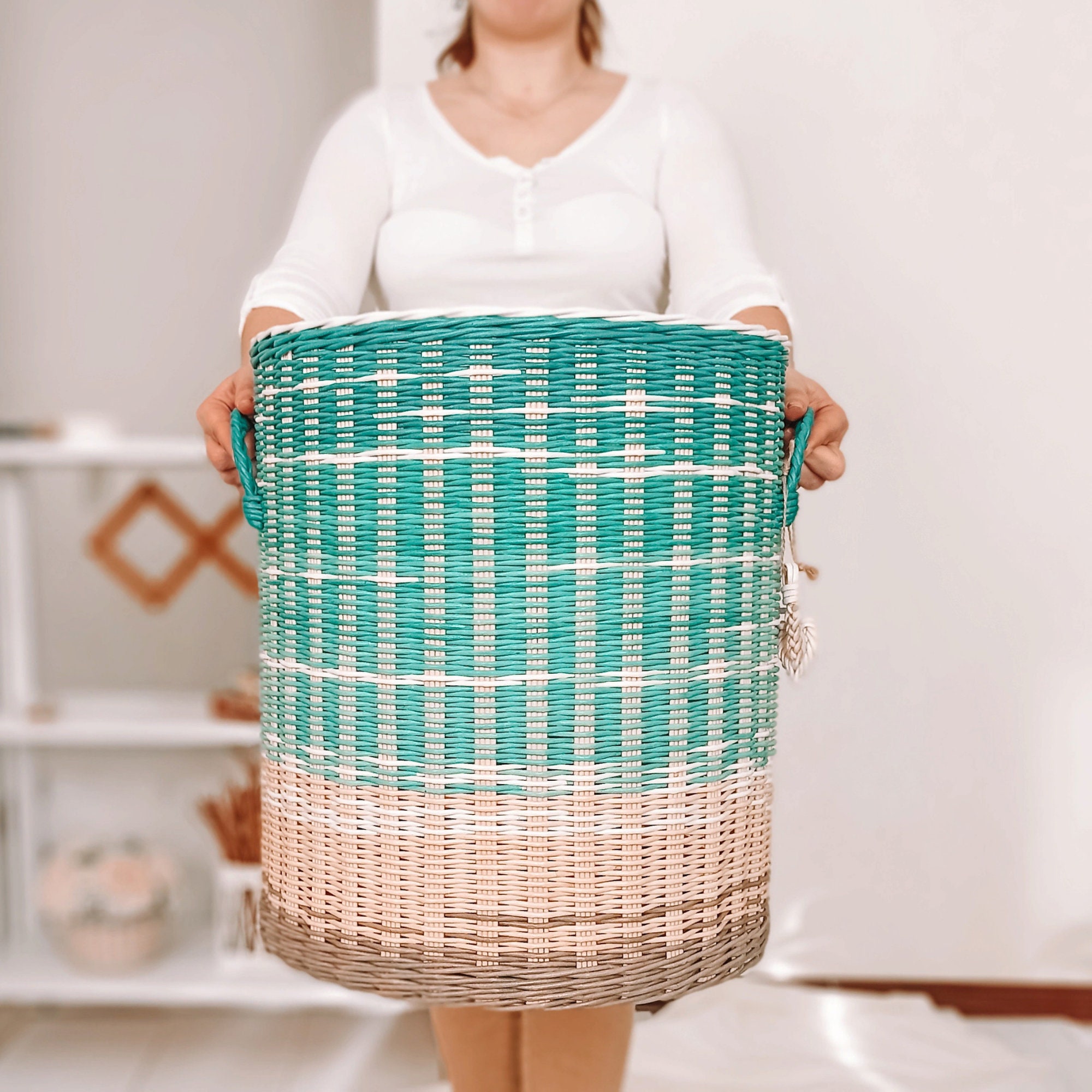 Large wicker basket for storing laundry blankets tall round Etsy