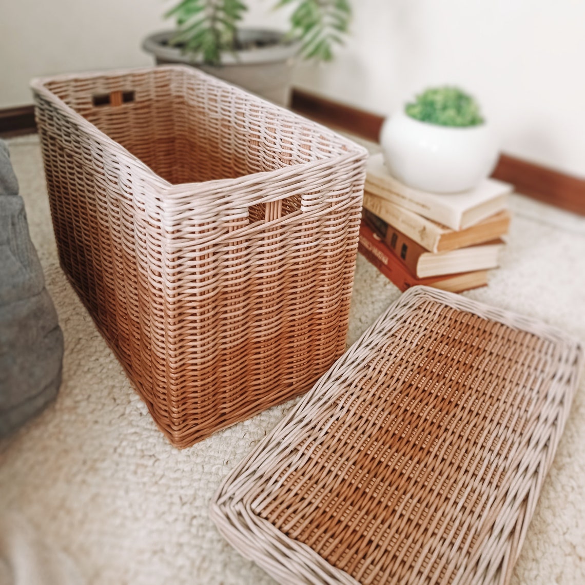 Basket with lid square wicker storage box for bathroom Etsy