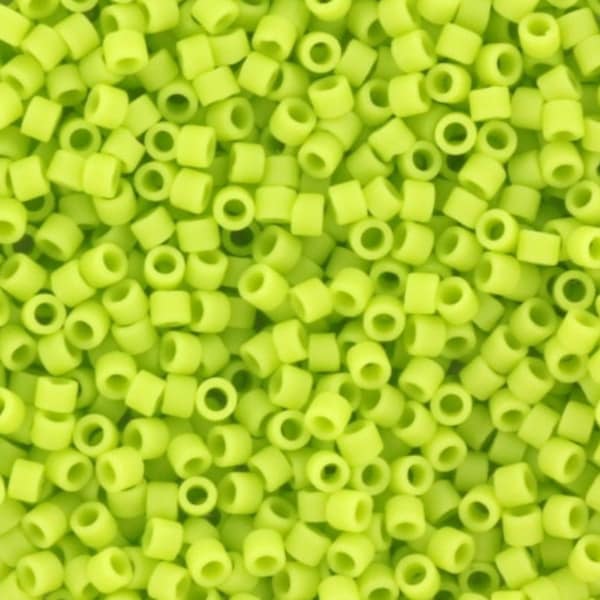 Miyuki Delica beads opaque matte chartreuse green, size 11/0, color DB763, cylindrical beads, opaque light green Miyuki, color DB 763