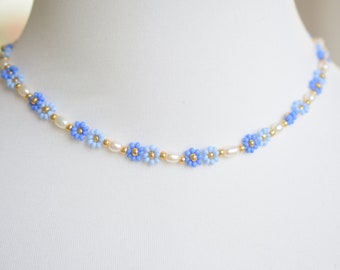 Blue beaded necklace for women, freshwater pearl necklace, choker necklace, daisy chain, flower necklace for bridesmaid, birthday gift