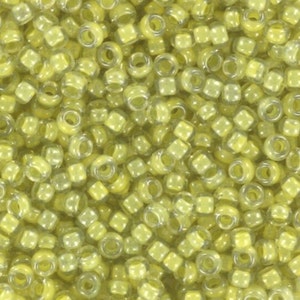 Perline di semi Miyuki da 10 g 11/0, cristallo lustro 378 con fodera verde oliva chiaro, perline giapponesi, rocailles verde trasparente, misura 2 mm, colore interno