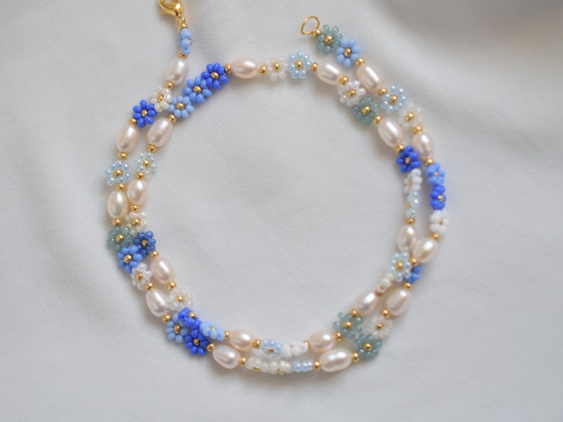 Collier de perles bleu, collier de perles d'eau douce, collier ras de cou, guirlande de guirlandes, collier de fleurs pour demoiselle d'honneur, cadeau d'anniversaire pour petite amie image 6