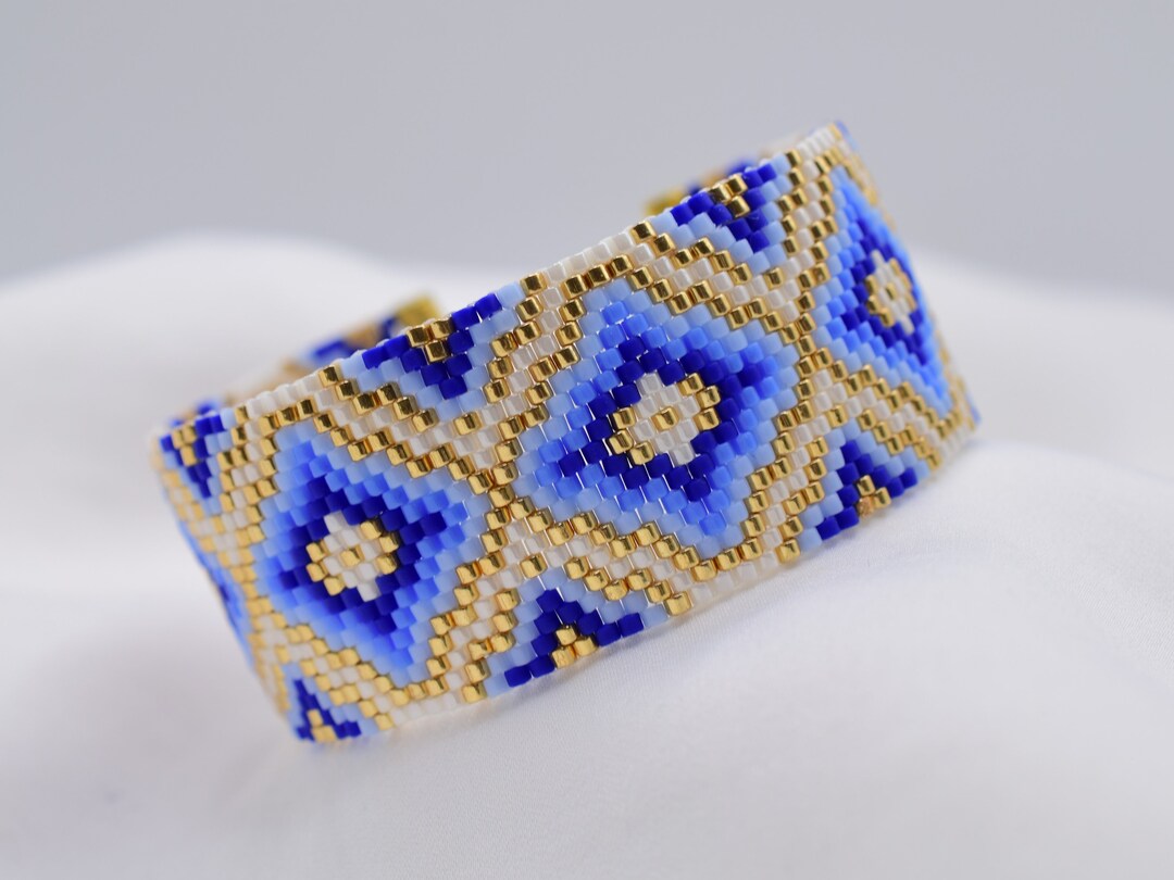 Blue and Gold Beaded Bracelet Evening Bracelet Cuff Wave Etsy