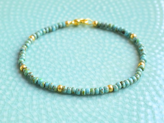 Turquoise and Gold Beaded Bracelet, Stacking Bracelets, Valentine