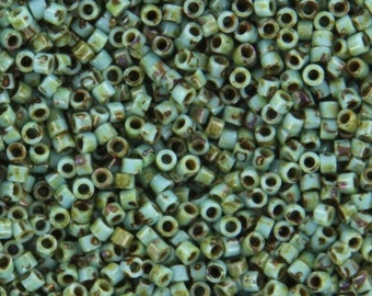 Miyuki Delica beads opaque picasso turquoise blue, 5g 11/0 DB2264, cylindrical beads, marbled teal, DB 2264, Delica opaque green