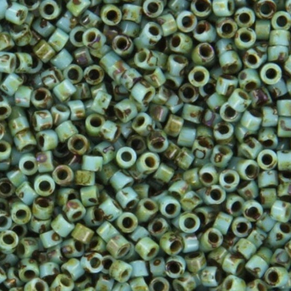 Miyuki Delica beads opaque picasso turquoise blue, 5g 11/0 DB2264, cylindrical beads, marbled teal, DB 2264, Delica opaque green