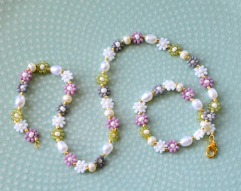Handmade Freshwater Pearl Flower Necklace • Beaded Daisy Jewelry • Delicate Fall Necklace • Gift for Her