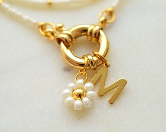 Letter necklace initial necklace gold, front clasp necklace, white beaded necklace with charm, mothers day gift for her jewelry