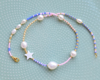 Bunte Perlenkette mit Stern, Rocailles Kette blau und pink, Weihnachtsgeschenk für Teenager Mädchen, bunte Perlenkette groß, boho Schmuck,