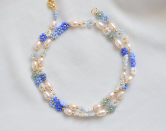 Collier de perles bleu, collier de perles d'eau douce, collier ras de cou, guirlande de guirlandes, collier de fleurs pour demoiselle d'honneur, cadeau d'anniversaire pour petite amie