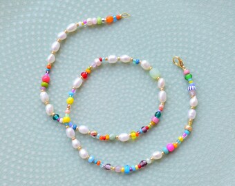 Colorful Beaded Necklace: Freshwater Pearl Choker, Summer Jewelry