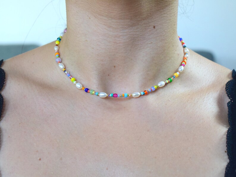 Colorful beaded necklace, freshwater pearl necklace, birthday gift for daughter, mothers day gift for her jewelry, colorful summer jewellery image 4