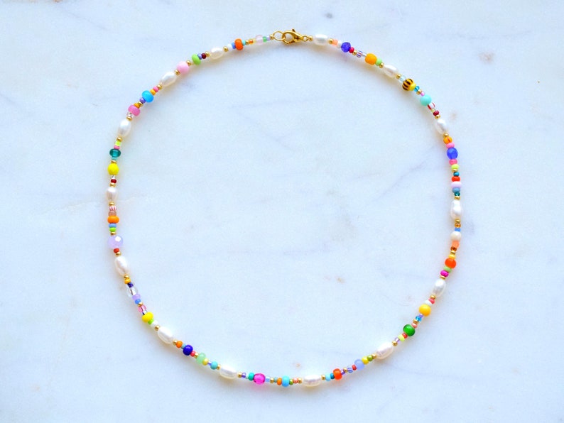 Colorful beaded necklace, freshwater pearl necklace, birthday gift for daughter, mothers day gift for her jewelry, colorful summer jewellery image 2