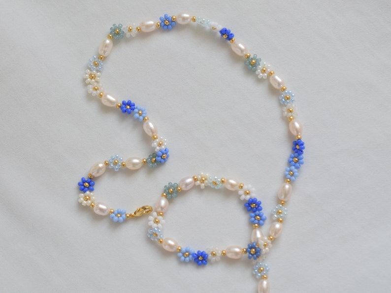 Blue beaded necklace, freshwater pearl necklace, choker necklace, daisy chain, flower necklace for bridesmaid, birthday gift for girlfriend image 4